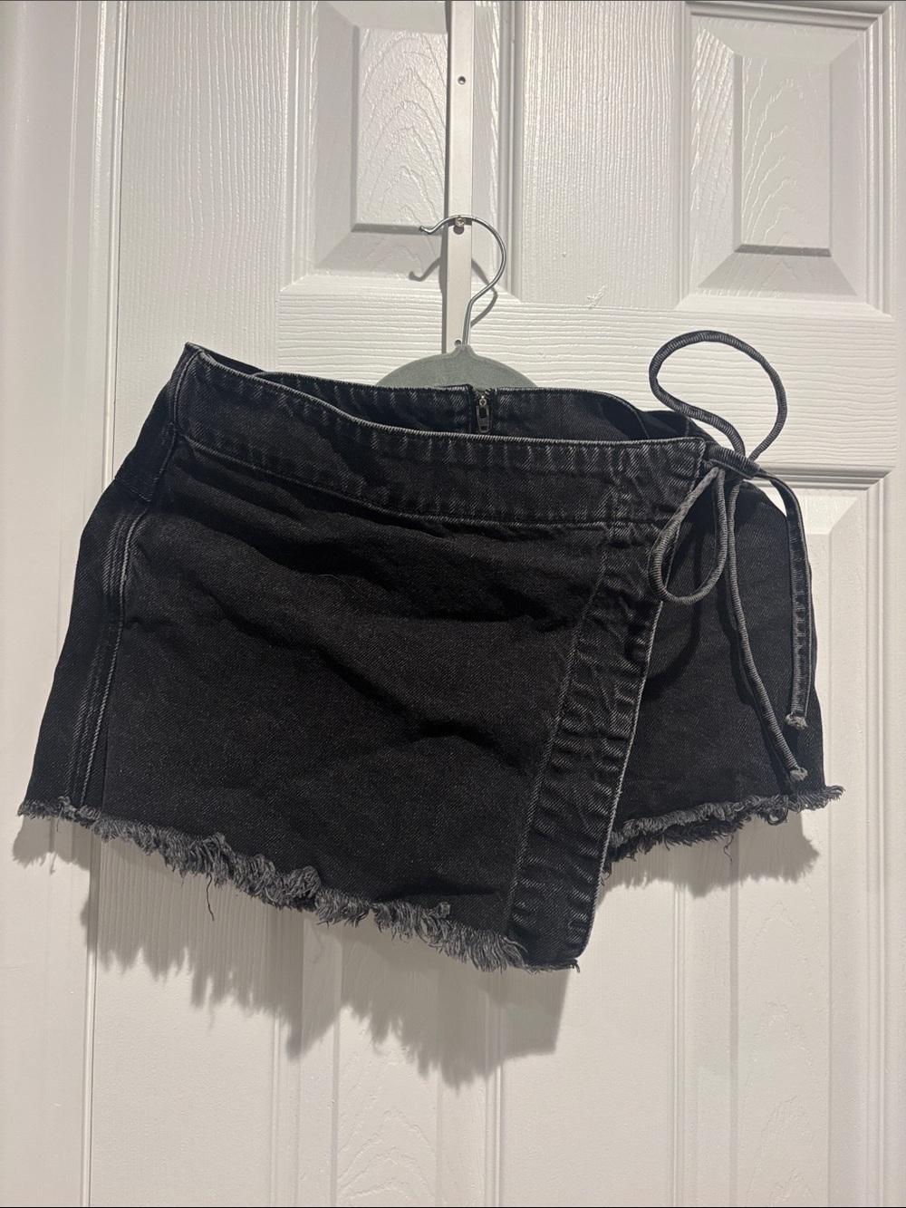 We The Free Black Denim Wrap Skort with Frayed Hem
